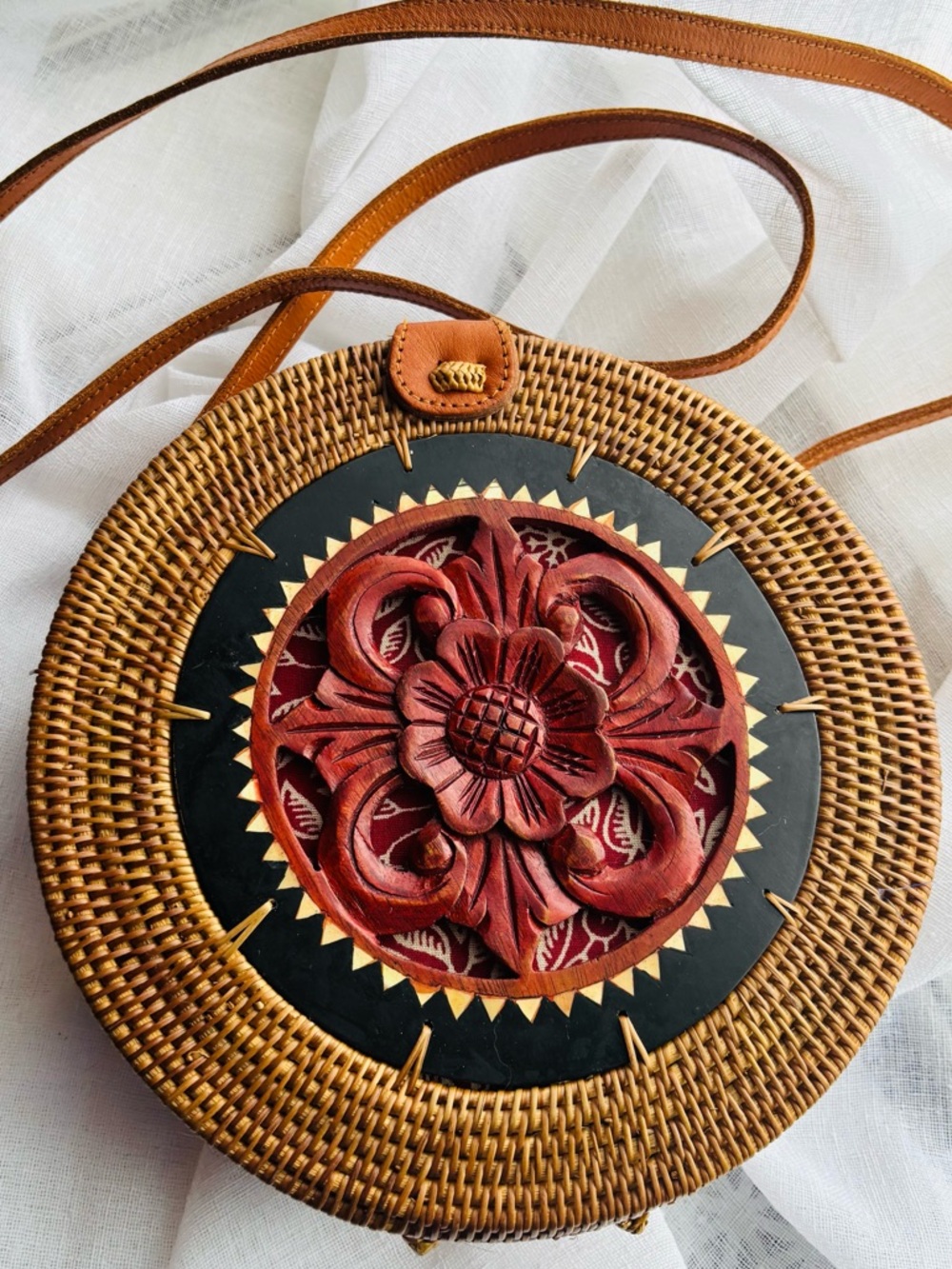 Hand Carved Bali Rattan Round Bag | Wicker Crossbody | Boho Coastal Chic Unique